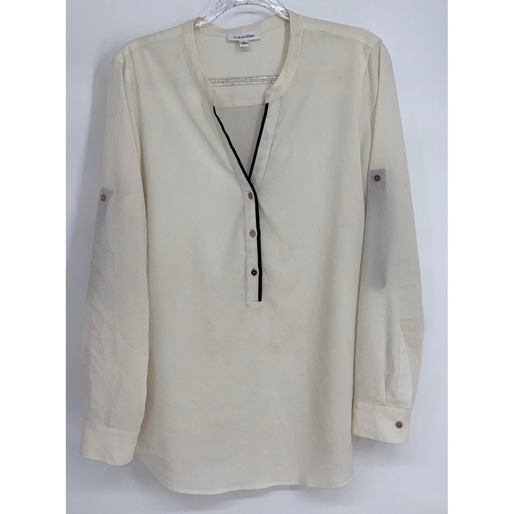 Calvin Klein‎ Womens Cream Roll Tab Sleeve Blouse Black Trim Henley Top Sz L